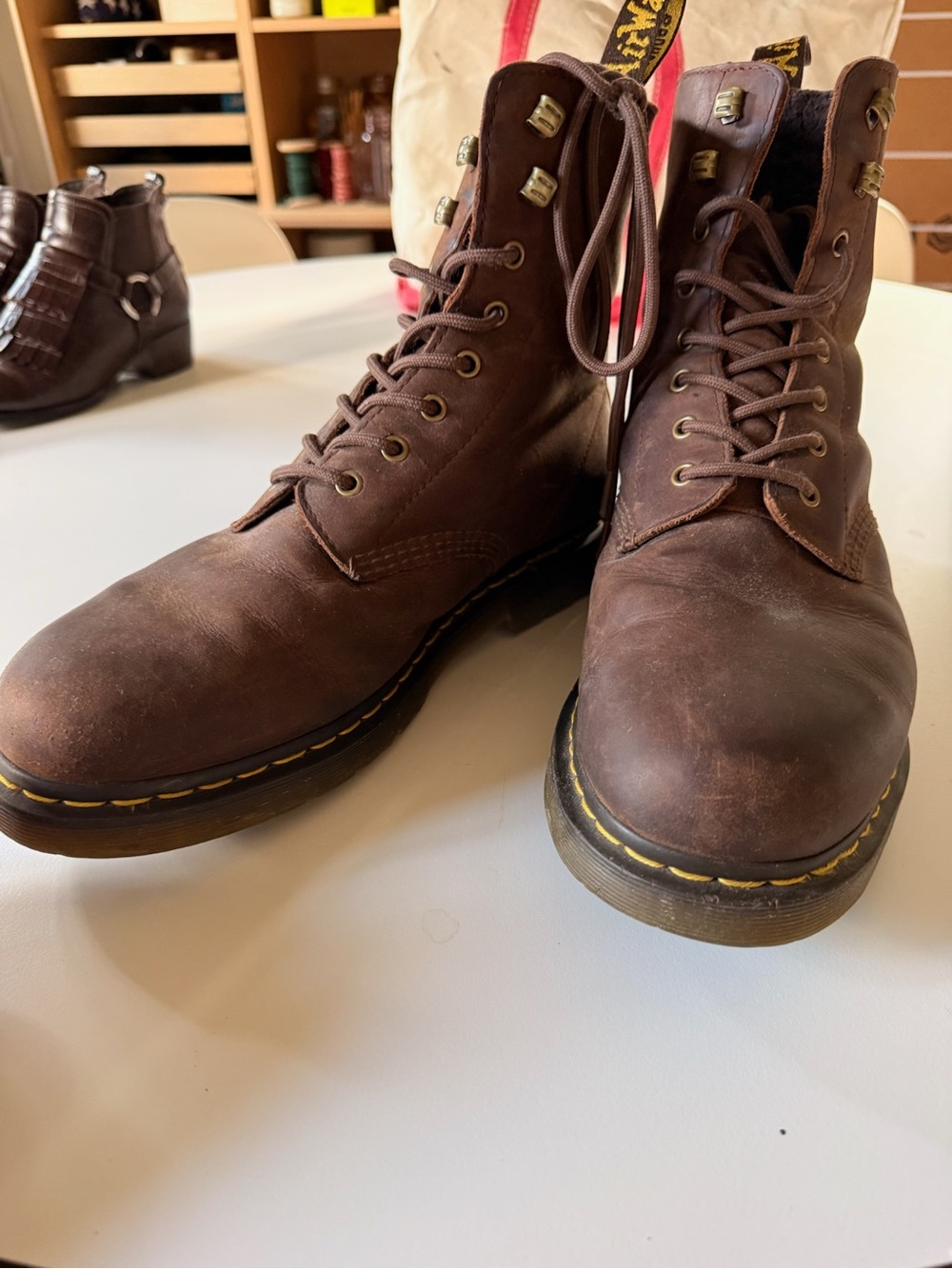 Dr. Martens Brown Leather Lace-Up Combat Boots with Yellow Stitching
